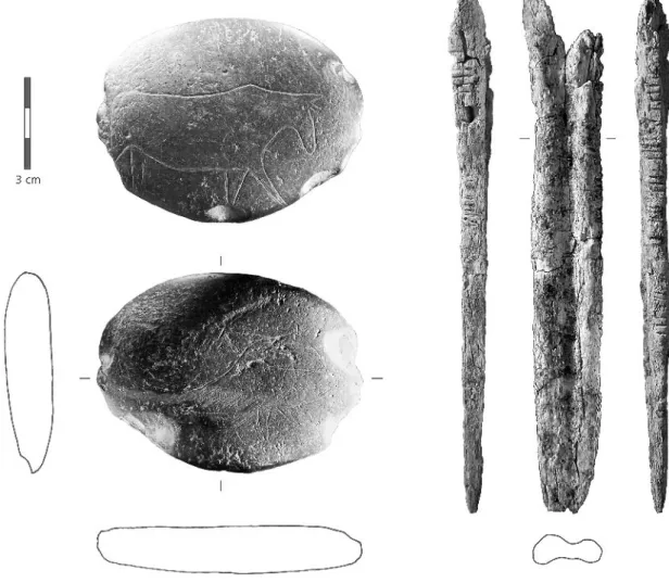 Fig. 6 – À gauche : galet en schiste induré de Windeck (vallée du Sieg) avec des traces d’usage comme retouchoir et deux silhouettes  d’animaux gravées sur les deux faces de l’objet ; à droite : lissoir fabriqué à partir d’un métapode de cerf provenant du 