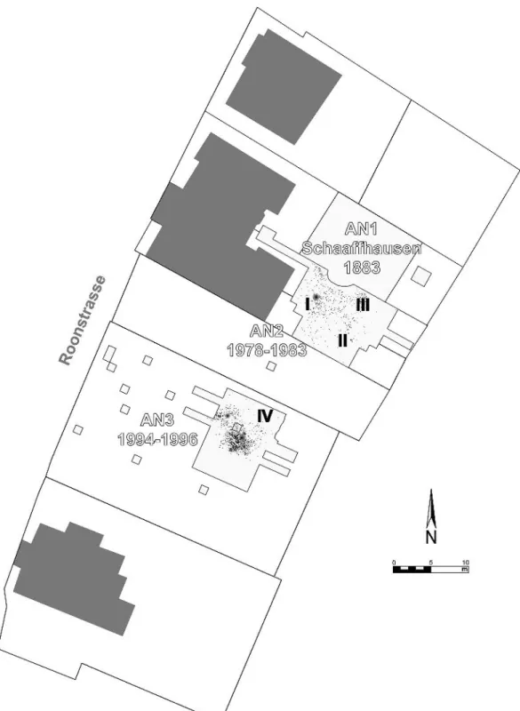 Fig. 3 – Plan d’Andernach-Martinsberg montrant l’étendue des différentes campagnes de fouille (Schaaffhausen, Andernach  2, Andernach 3) par rapport aux constructions modernes (d’après Kegler, 2002, avec modiﬁcations)