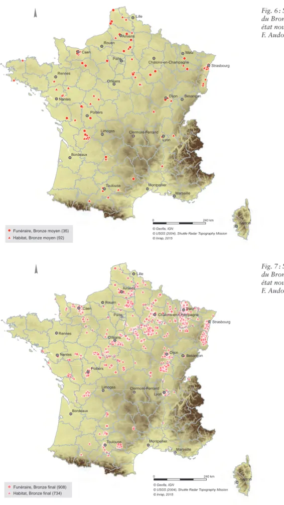 Fig. 7 : Sites d’habitat et funéraires  du  Bronze  final  (-1350 / -800) :  état novembre 2011 (cartographie  F