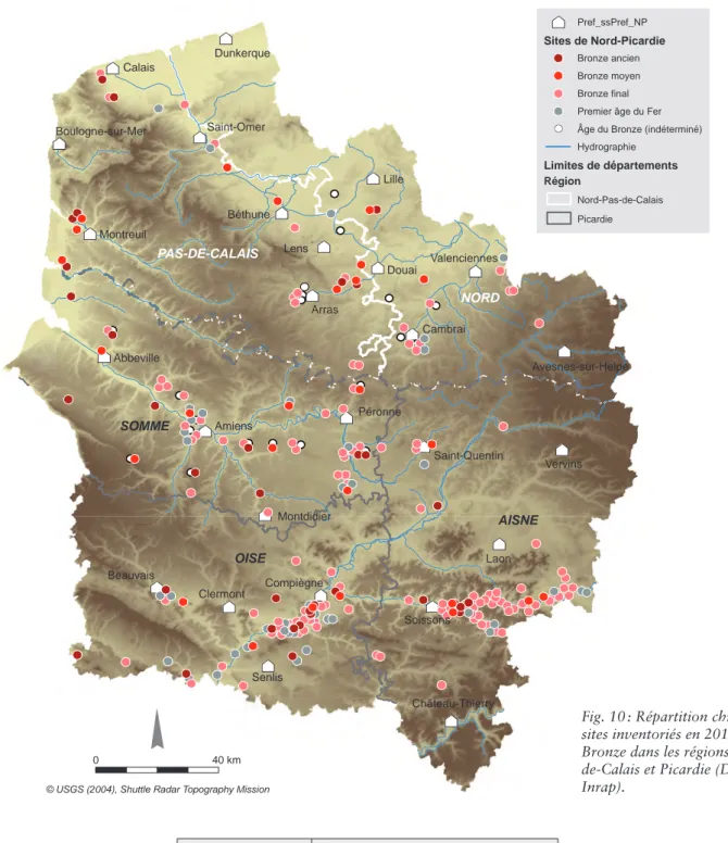 Fig. 10 : Répartition chronologique des  sites inventoriés en 2011 pour l’enquête  Bronze dans les régions  Nord-Pas-de-Calais et Picardie (DAO C