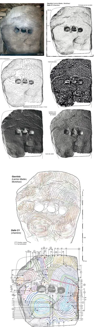 Fig. 5 : Différentes étapes de la  représentation de la dalle C1 de  Gavrinis (Larmor-Baden, Morbihan)  depuis le modèle 3D 