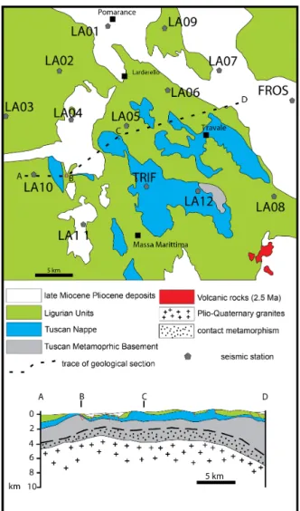 Figure 1: Geological sketch map of the Larderello- Larderello-Travale Geothermal field after Bertini et al., 2006, with location of both permanent and temporary   seismic   stations   operated   in   the frame of GAPSS experiment.