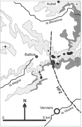 Figure 1. Location of the Battice landslides. The light grey area corresponds to the outcropping Vaals  formation,  the  dark  grey  area  to  the  Aachen  formation