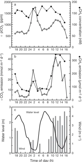 Fig. 6. (a) pCO 2 and CH 4 concentrations in creek water, (b) emission of CO 2 and CH 4 from creek water and (c) water level and wind speed at Stn MC in Mtoni