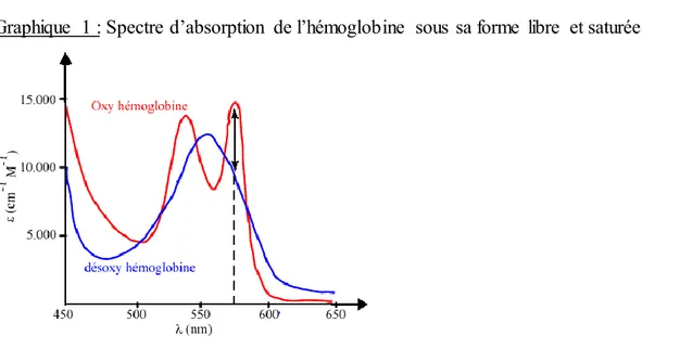 Graphique  1 : Spectre d’absorption  de l’hémoglobine  sous  sa forme  libre  et saturée 
