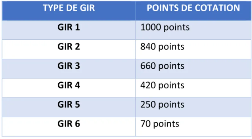 Figure 13 : Type de GIR et points de cotation alloués pour le calcul du GMP TYPE DE GIR POINTS DE COTATION 