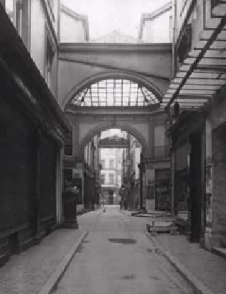 Fig. 8.- GHEMAR Louis-Joseph, Façade  du Passage Lemonnier, prise de la rue de  l’Université, avant 1873, lithographie.