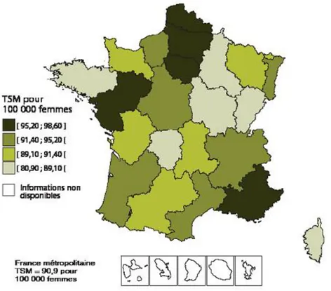 Figure 4- Incidence du cancer du sein en France en 2008-2010 (source : institut national du cancer)