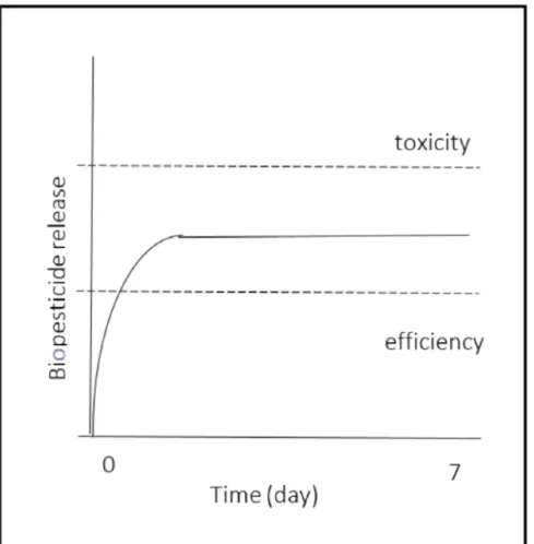 Figure 1. Controlled release of biopesticide outline showing an initial rapid release at the middle concentration between the active agent’s efficiency and toxicity scale, followed by a long and constant release.