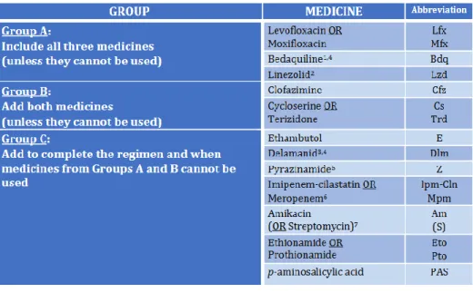 Tableau 6. Groupe de médicaments recommandés pour le long schéma thérapeutique de la TB- TB-MR (OMS, 2018d) 