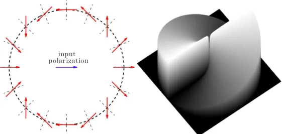 Figure 1: Left: Illustration of the spatial variation of the orientation of the fast axis of an HWP