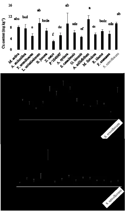 Figure  3 :  Concentration  of  five  traces  elements  regulated by Quebec Land Protection and Rehabilitation  Regulation within the aerial biomass of 15 species grown  in urban contaminated soil