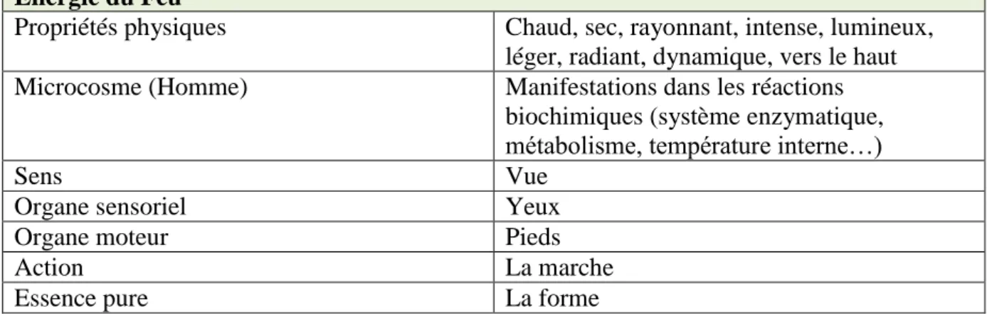 Tableau 3 : Caractéristiques de l’Energie du Feu [2, 4, 9] 