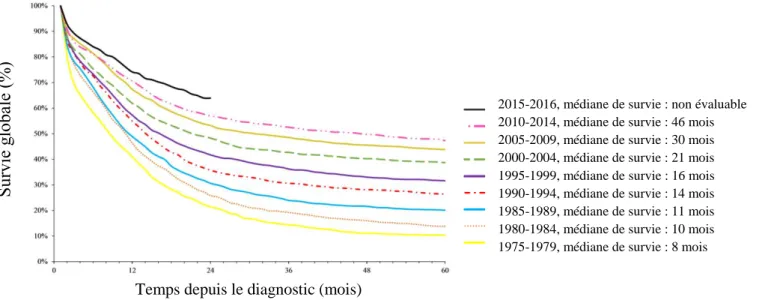 Figure 14 : L’allogreffe de CSH améliore le pronostic des patients atteints de LAM âgés  de 50 à 70 ans