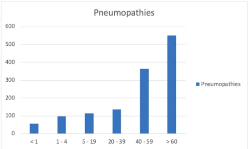 Figure 13. Histogramme du nombre de pneumopathies à Hinf en fonction de la classe d’âge 
