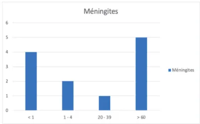 Figure 15. Histogramme du nombre de méningites à Hinf en fonction de la classe d’âge  Pour le groupe des méningites, on observe une courbe en V avec un regroupement  des cas aux âges extrêmes de la vie : &lt; 4 ans et &gt; 60 ans