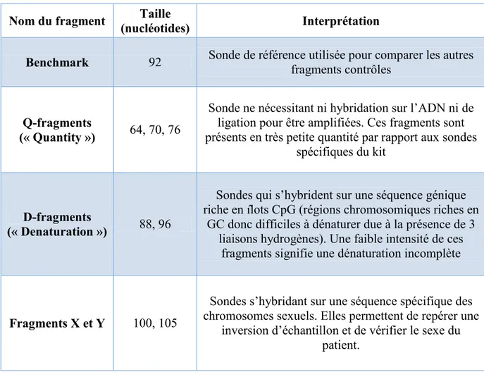 Tableau 5 : Nom, taille et rôle des sondes dites &#34;contrôles internes&#34; 