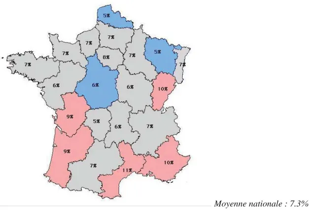 Figure 9 : Cartographie des usagers réguliers de cannabis en France en 2008   (étude ESCAPAD) (16) 