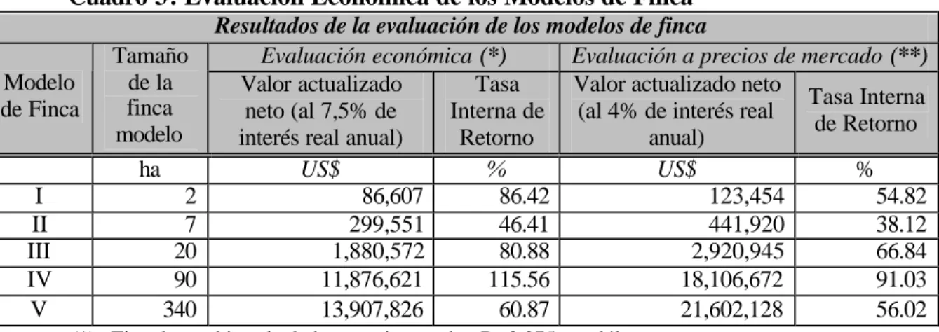 Cuadro 3: Evaluación Económica de los Modelos de Finca  Resultados de la evaluación de los modelos de finca 