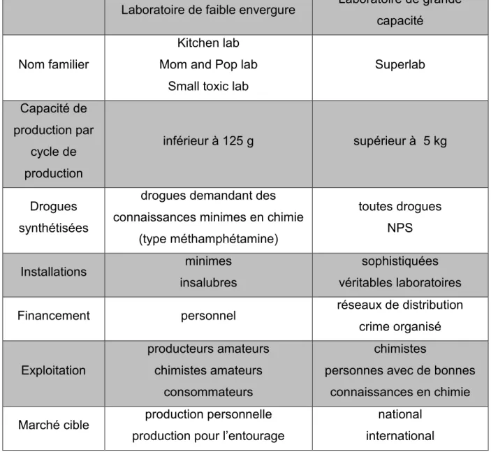 Tableau  II :  principales  caractéristiques  des  réseaux  de  production  clandestins  de  drogues de synthèse