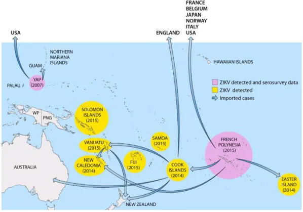 Figure 1. Circulation du virus Zika dans les îles du Pacifique (avant janvier 2016) [5]