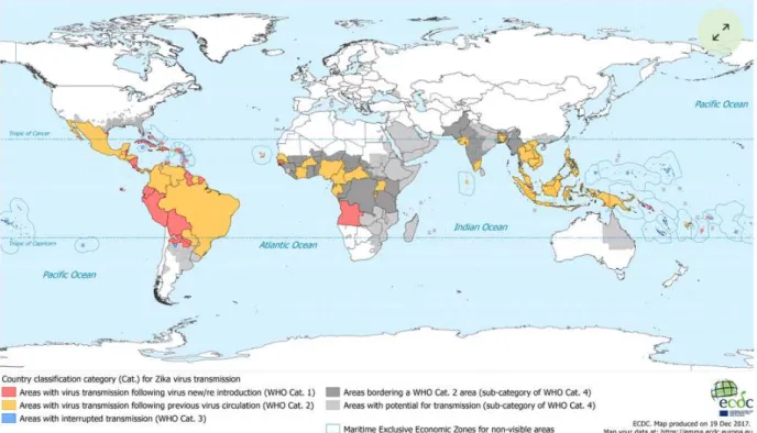 Figure 4. Aperçu des régions avec transmission autochtone du virus Zika (état au 19 décembre 2017) [28]