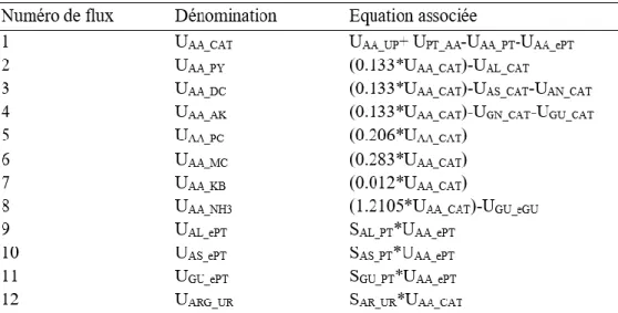 Tableau 5 : Equations des flux du métabolisme azoté dans Freetly et al (1993). 