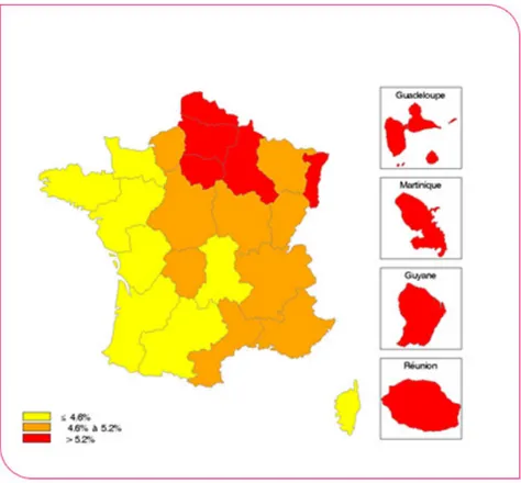 Figure 2 : prévalence standardisée du diabète traité par médicament (ADO et/ou insuline) par  région France, 2013 (3) 