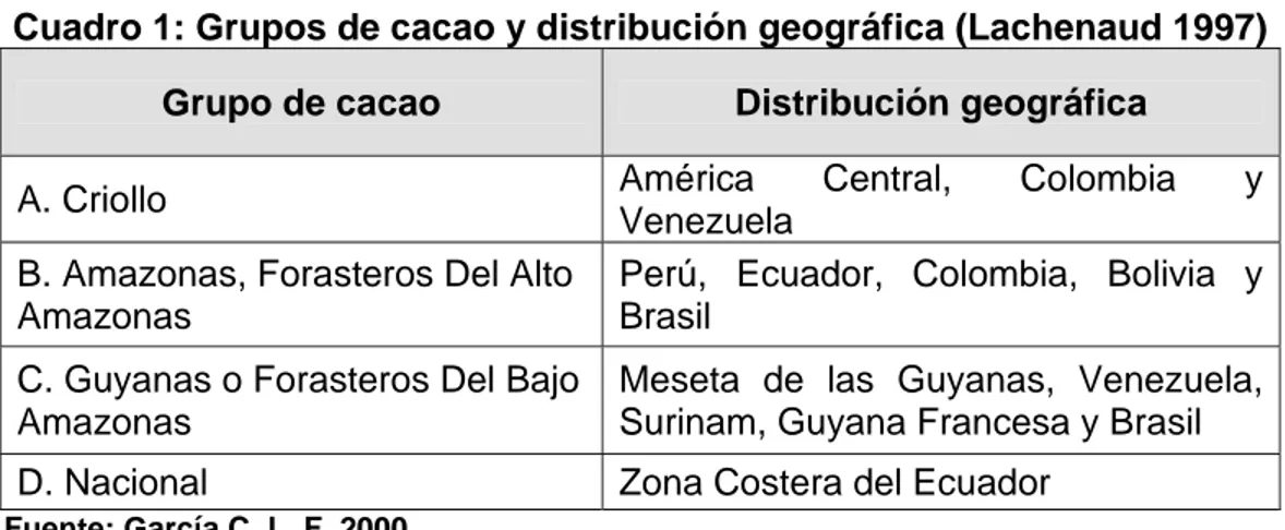 Cuadro 1: Grupos de cacao y distribución geográfica (Lachenaud 1997)  Grupo de cacao  Distribución geográfica 