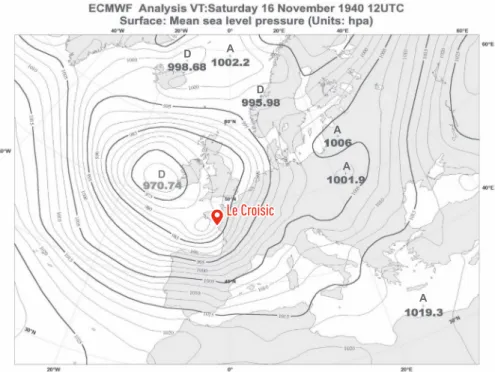 Figure 6 - Carte du champ de pression moyen de niveau marin (en hPa) le samedi 16 Novembre  à 13h locales, peu avant l'arrivée de la dépression sur les côtes atlantiques françaises