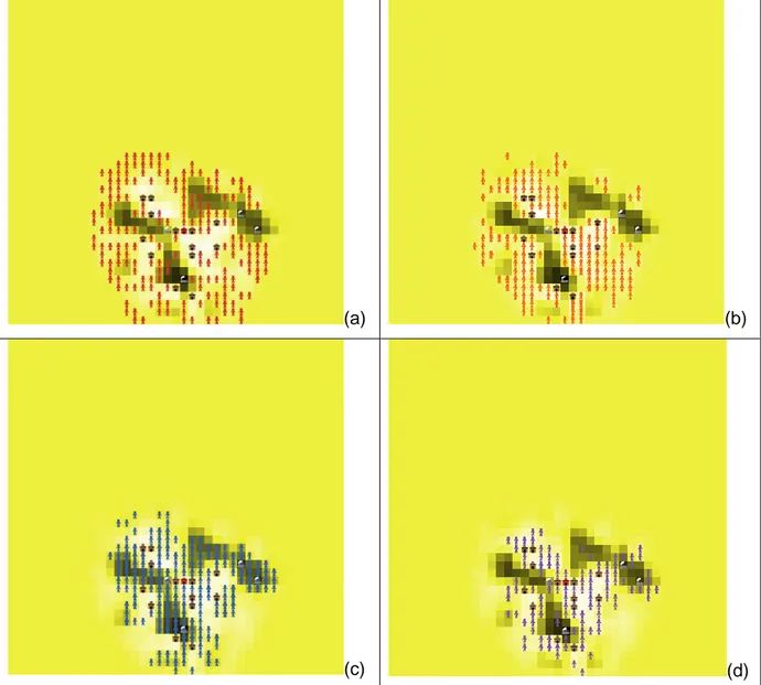 Figure 3 : Localisation des quatre classes de population, représentées sur la carte des  valeurs positionnelles : riches (a), riches-val (b), pauvres (c) et pauvres-val (d) dans une ville 