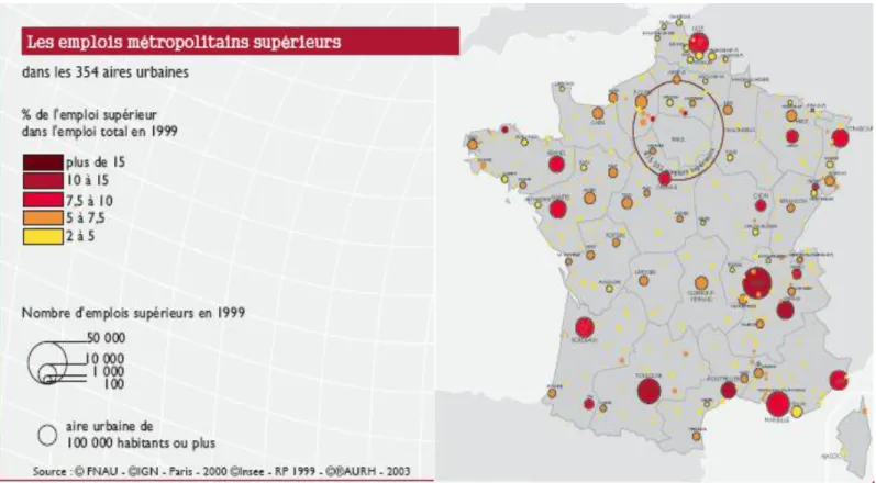 Figure II- 5 : Les emplois métropolitains supérieurs dans les aires urbaines françaises (FNAU 2006) 