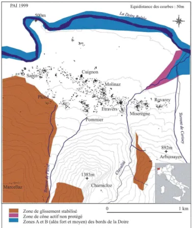 Figure  1 :  Plans  pour  l’aménagement  hydrogéologique  réalisés  par  l’Autorité  de  bassin  du  Pô  en  1999  et  2001  (sources :  Autorita  di  bacino  del  fiume  Po,  1999  et  2001 ;  carte  topographique  de  Fénis  en  2004  –  Cartographie A