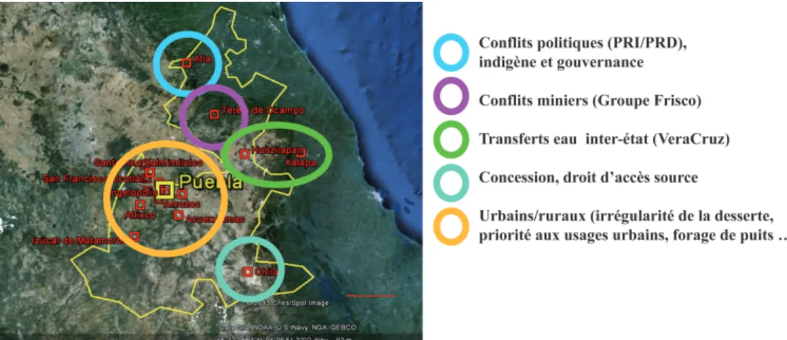 Figure 4 - Répartition des conflits cités dans la PQR entre janvier 2010 et avril 2013 dans l’Etat de Chihuahua (les carrés rouge indiquent les lieux cités dans les articles) (d’après googleearth)