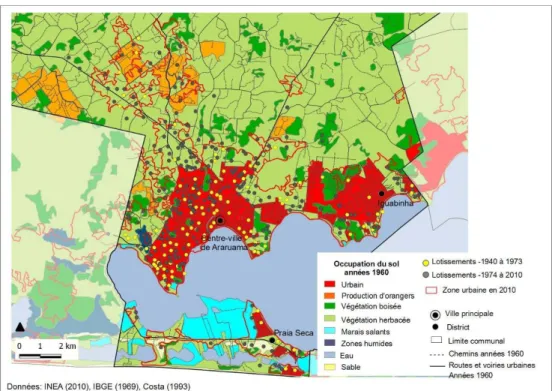 Figure La zone urbaine en 1969 et 2010 et les principaux lotissements implantés entre 1940 et 2010 : la consommation des espaces naturels et anthropo-naturels.