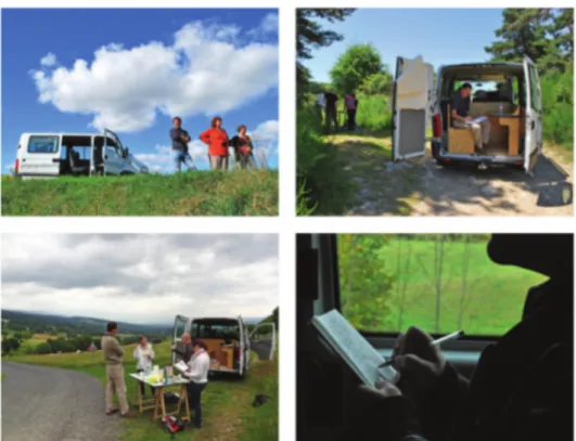 Fig. 2 – Les ateliers mobiles en situation : Séance de lecture du paysage, la camionnette, partage du pique-nique, prise de note continue
