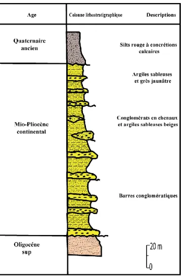 Figure 23 - Série lithostratigraphique du Mio - Plio - Quaternaire continental au Jebel Tella  (Boutib, 1998) 