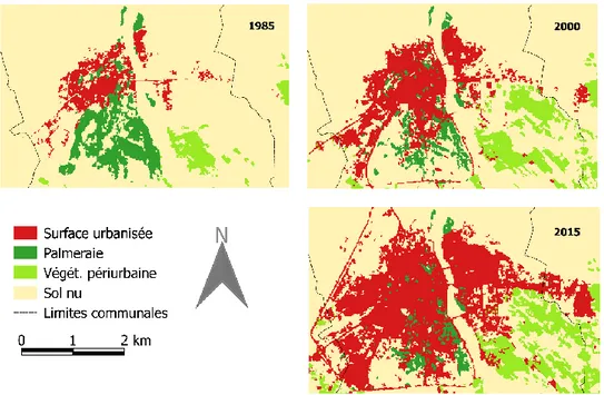 Figure 3 : Évolution spatiotemporelle des classes d’occupation du sol de l’oasis de Biskra (1985 - 2015) 