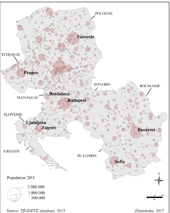 Figure  1.7  Pays  retenus  pour  l’étude  avec  leurs  capitales  et  le  reste  des  agglomérations selon leur population en 2011 13