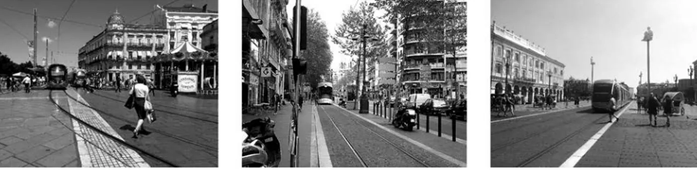 Figure 3  : Photos de l’insertion urbaine du tramway dans les villes de Montpellier, Marseille et  Nice