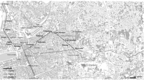 Figure 5  : Insertion urbaine du réseau de tramway de la ville de Marseille. (source : auteure)