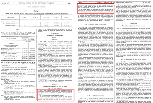 Figure 1 : Extrait de la Loi du 29 mai 1975 relatif aux modalités de délivrance au détail des médicaments  vétérinaires par les docteurs vétérinaires autorisés (encadré rouge) – Source : Légifrance 