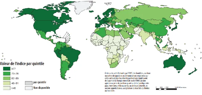 Figure 3. Indicateur de la couverture des services CSU par pays en 2015 (rapport OMS) 
