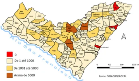 Figura 2: Mapa da população de suínos por município do estado de Alagoas. Fonte: ADEAL,  2021