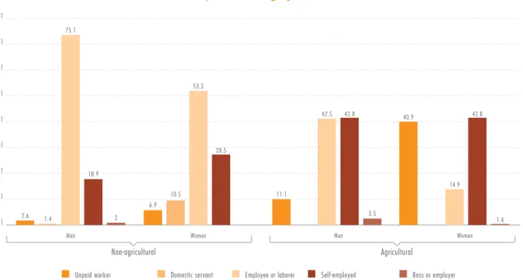 Figure 5.2: Latin America, 2010, 12 countries: Labor activity of the employed rural population, by sector,  occupational category and sex 