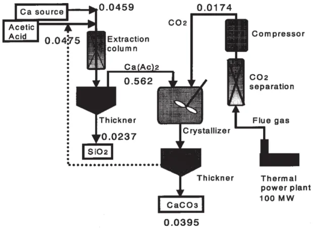 Figure I.26. Représentation schématique du processus de stockage du CO 2  par carbonatation  aqueuse indirecte (débit en t/s)  [82]