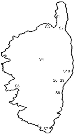 Figure 19: Localisation des stations d’échantillonnage de Myrtus communis L S1 : Canari; S2  : Bastia;  S3 : Agriate; S4 : Corte; S5 : Ajaccio; S6 : Morta; S7 : Bonifacio; S8  : Travo; S9 :  Abbazzia; S10 : Aleria