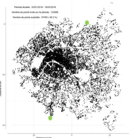 Figure  1 : représentation  cartographiée  de  46%  des  points  livrés  en  petite  couronne  pour  la  période  du  3  janvier  au  16  mars  2018