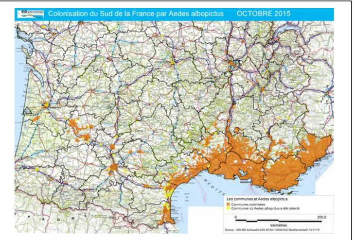 Figure 3 : Colonisation du Sud de la France par Aedes Albopictus en 2015 [21] 