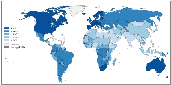 Figure 10 : Répartition de l’incidence mondiale du mélanome en 2012, données exprimées en taux de risques  annuels pour 100 000 personnes et standardisées par rapport à l’âge des populations 36